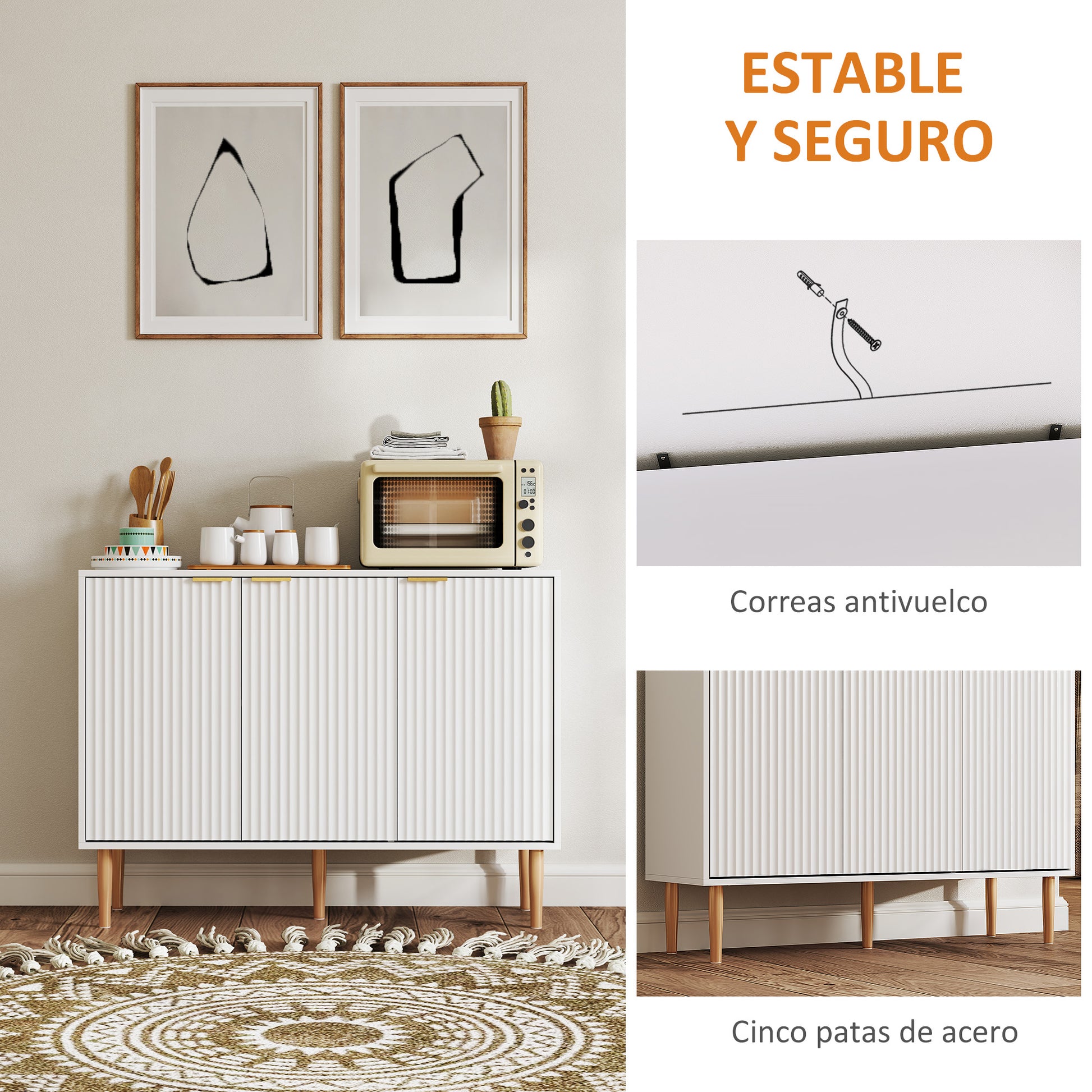 Grooved Door 3-Door Sideboard with Adjustable Shelf TV Stand for Bedroom Living Room 107x35x80 cm White