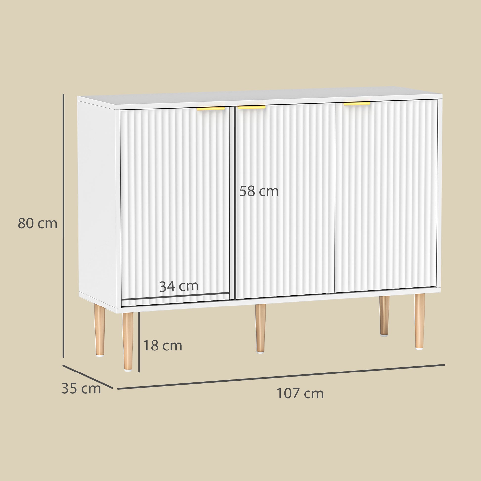 Grooved Door 3-Door Sideboard with Adjustable Shelf TV Stand for Bedroom Living Room 107x35x80 cm White