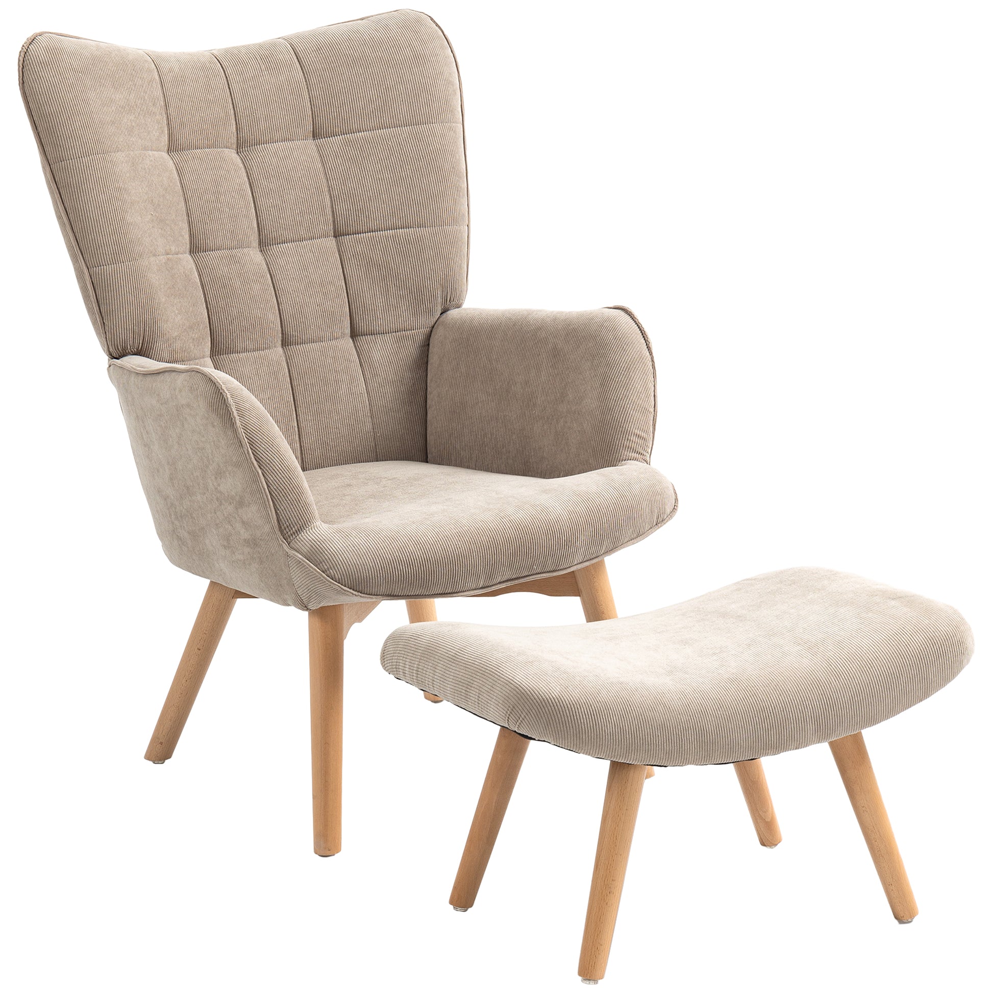 Armchair with Ottoman, Wingback Chair with High Backrest, Wooden Legs, Lounge Chair with Tufted Design, Corduroy Look, for Living Room, Light Brown