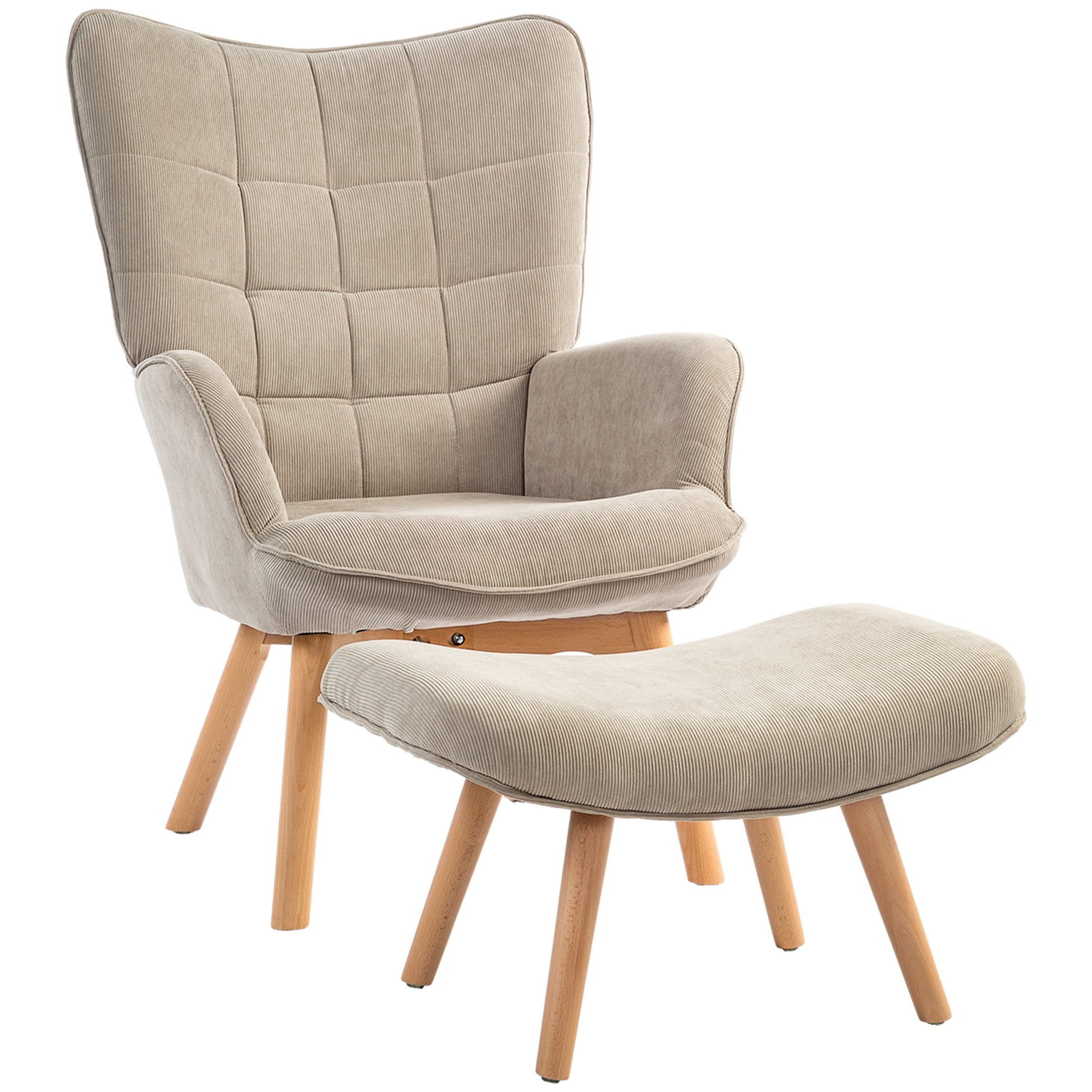 Armchair with Ottoman, Wingback Chair with High Backrest, Wooden Legs, Lounge Chair with Tufted Design, Corduroy Look, for Living Room, Light Brown
