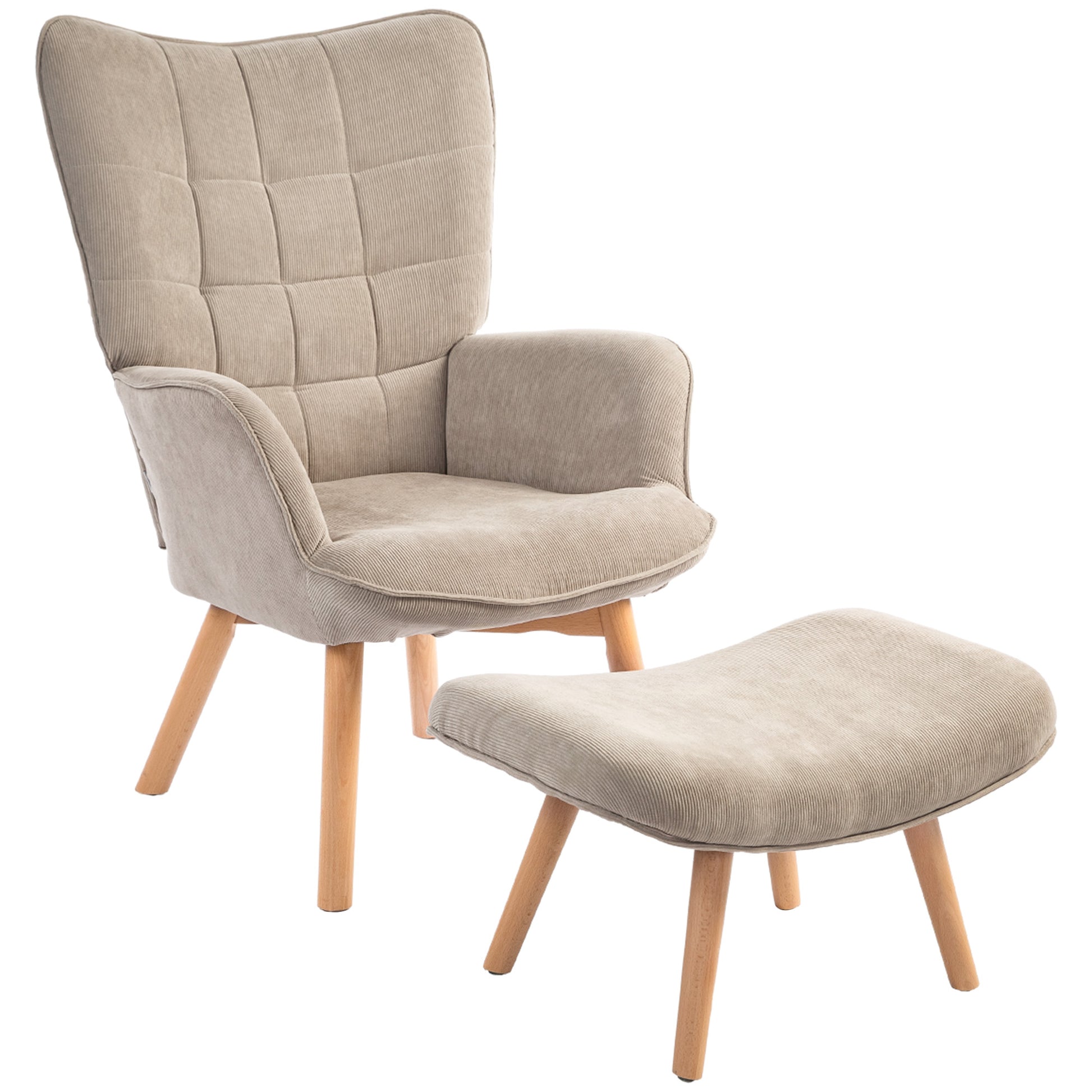 Armchair with Ottoman, Wingback Chair with High Backrest, Wooden Legs, Lounge Chair with Tufted Design, Corduroy Look, for Living Room, Light Brown