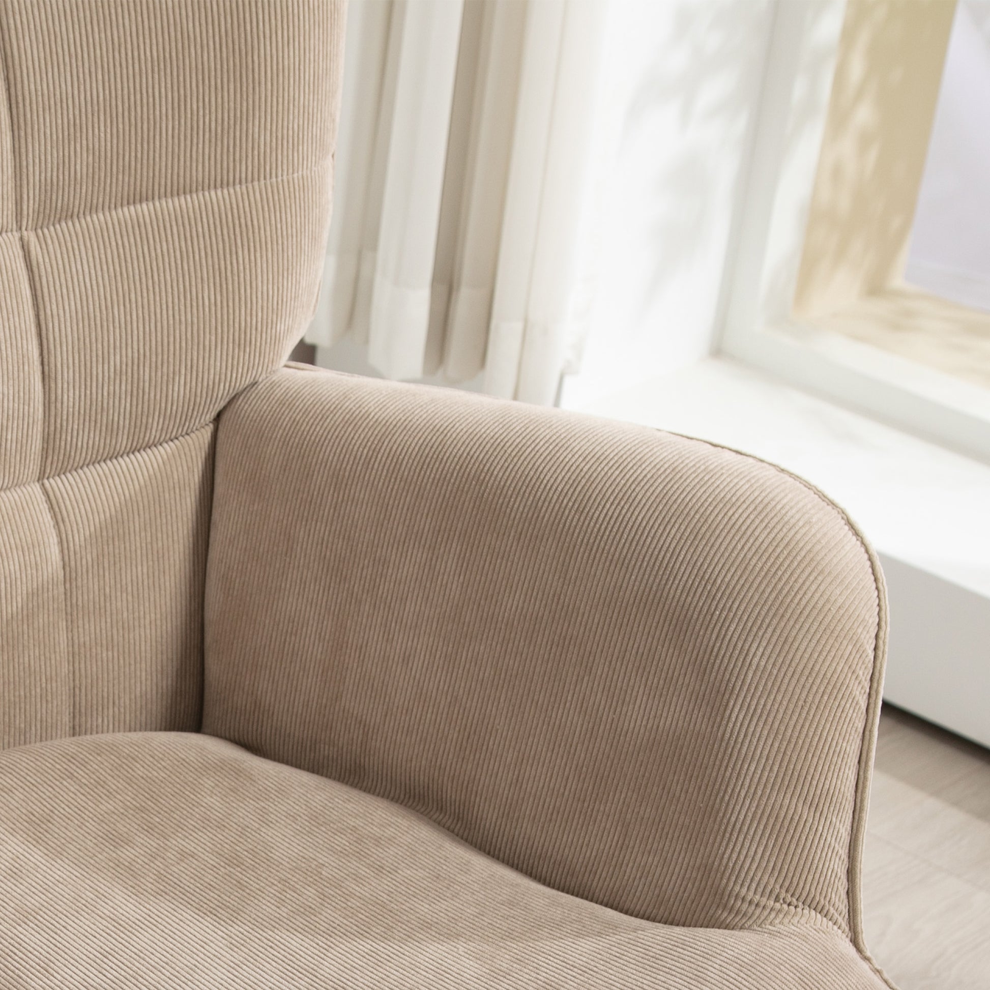 Armchair with Ottoman, Wingback Chair with High Backrest, Wooden Legs, Lounge Chair with Tufted Design, Corduroy Look, for Living Room, Light Brown