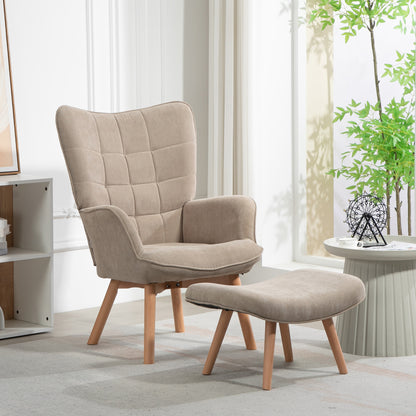 Armchair with Ottoman, Wingback Chair with High Backrest, Wooden Legs, Lounge Chair with Tufted Design, Corduroy Look, for Living Room, Light Brown