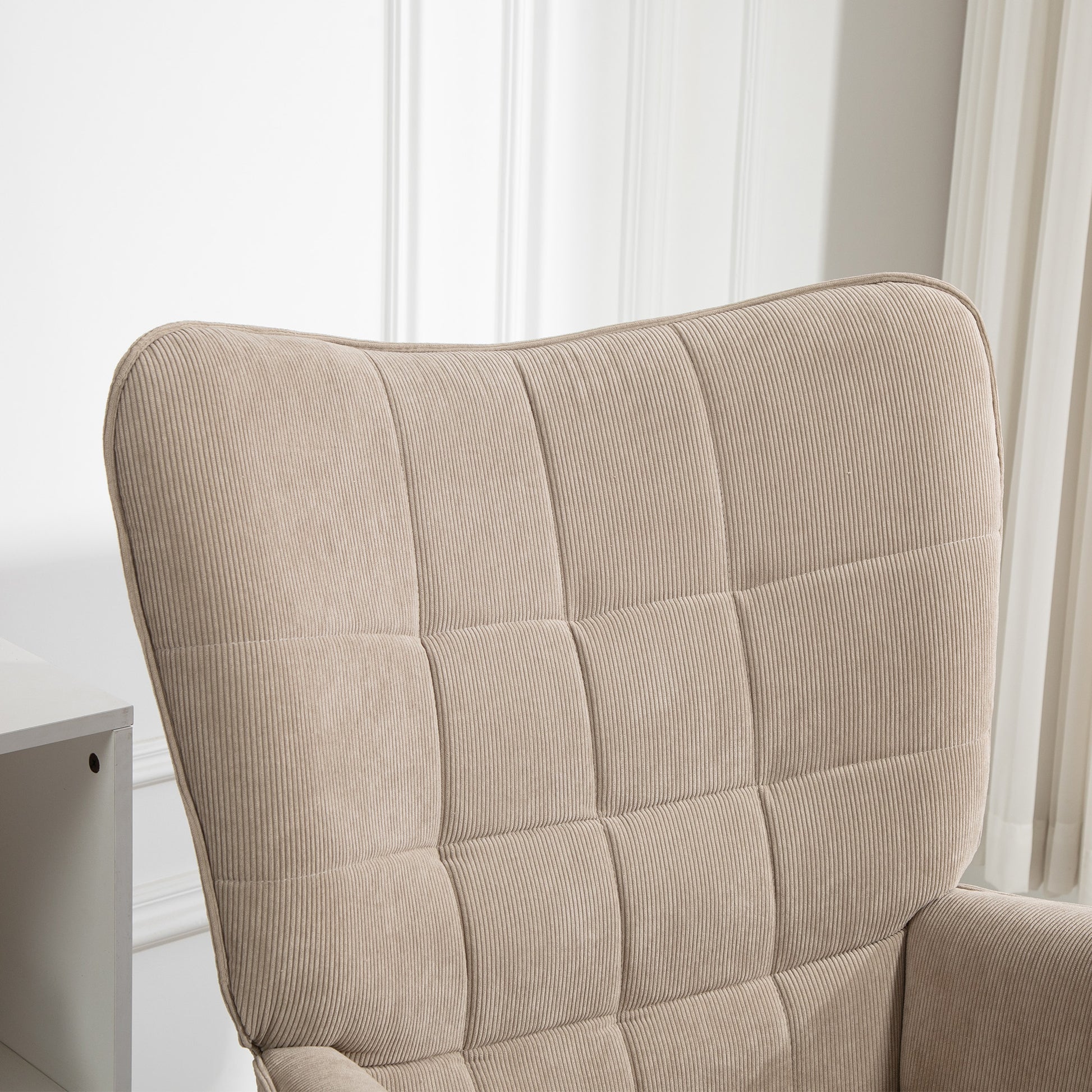 Armchair with Ottoman, Wingback Chair with High Backrest, Wooden Legs, Lounge Chair with Tufted Design, Corduroy Look, for Living Room, Light Brown