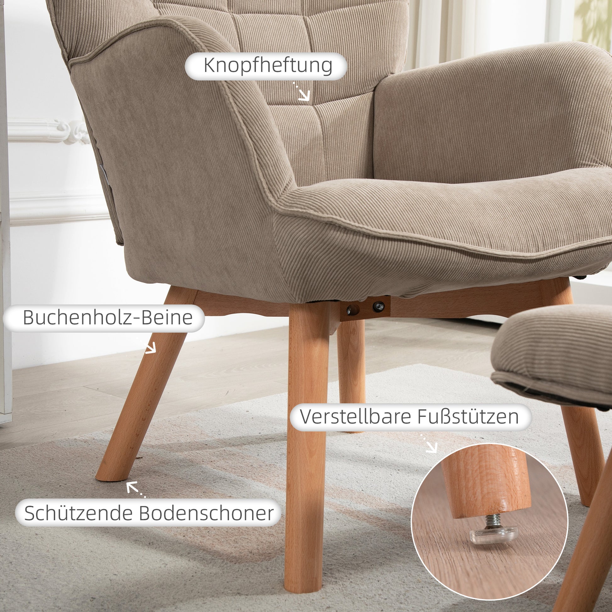Armchair with Ottoman, Wingback Chair with High Backrest, Wooden Legs, Lounge Chair with Tufted Design, Corduroy Look, for Living Room, Light Brown