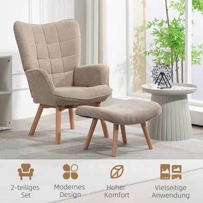 Armchair with Ottoman, Wingback Chair with High Backrest, Wooden Legs, Lounge Chair with Tufted Design, Corduroy Look, for Living Room, Light Brown