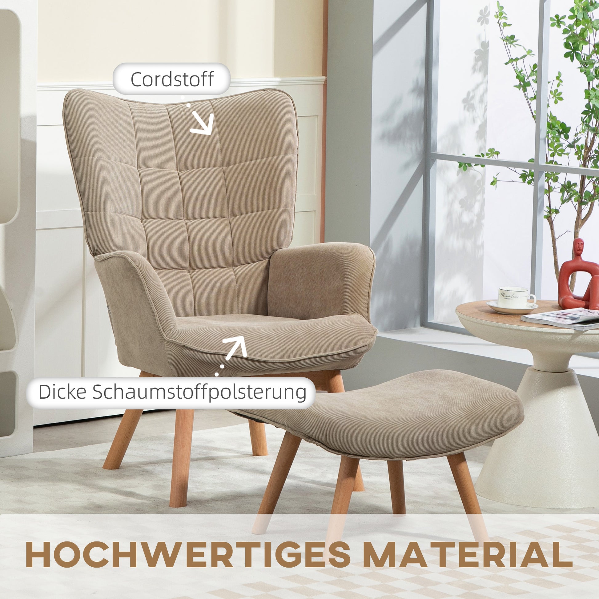 Armchair with Ottoman, Wingback Chair with High Backrest, Wooden Legs, Lounge Chair with Tufted Design, Corduroy Look, for Living Room, Light Brown
