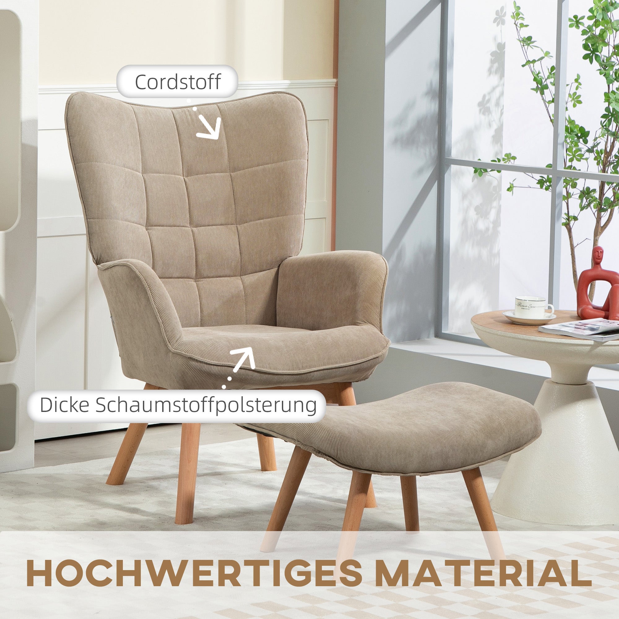 Armchair with Ottoman, Wingback Chair with High Backrest, Wooden Legs, Lounge Chair with Tufted Design, Corduroy Look, for Living Room, Light Brown