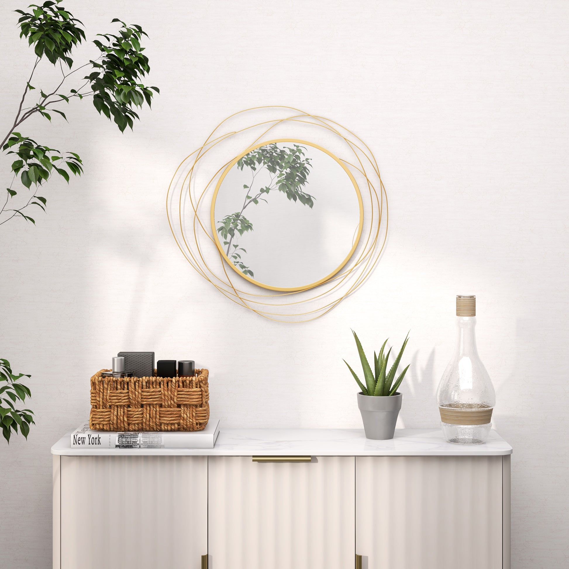 Wall Mirror, Ø65 cm Wall Decor with Mirror, Metal Frame, Hallway Mirror, Wall Artwork for Living Room, Bedroom, Gold