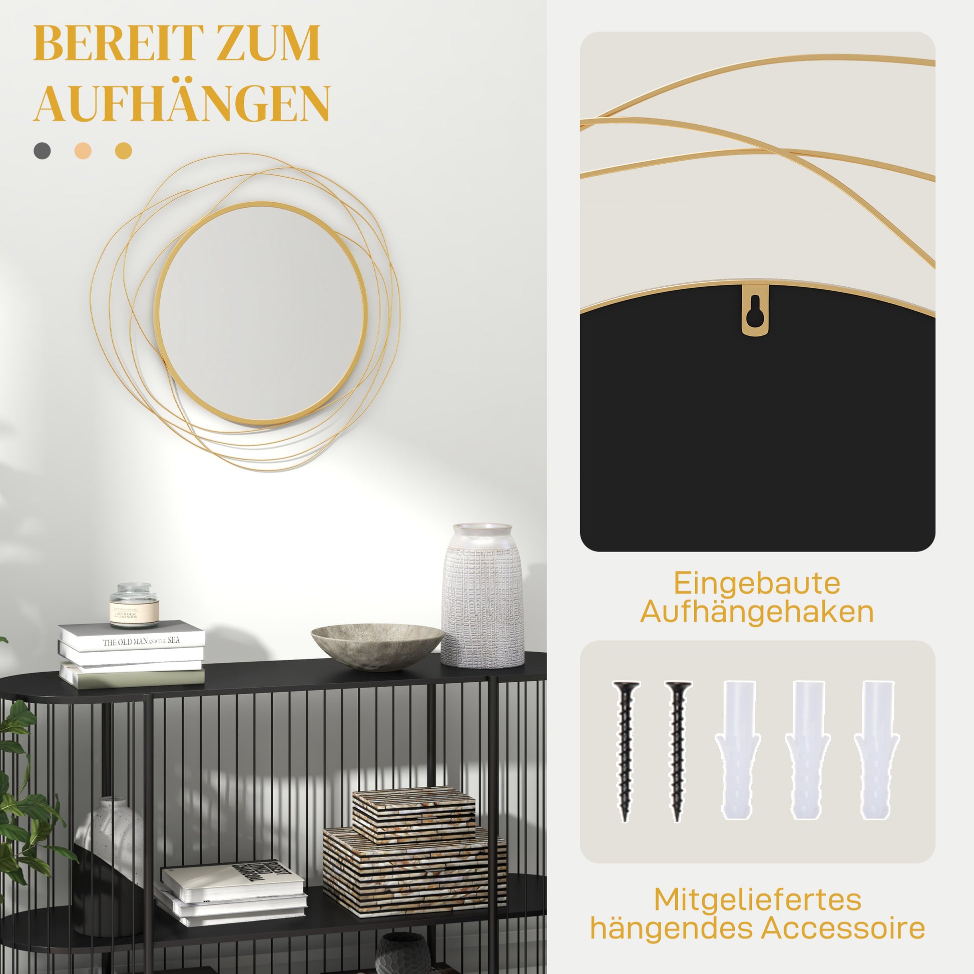 Wall Mirror, Ø65 cm Wall Decor with Mirror, Metal Frame, Hallway Mirror, Wall Artwork for Living Room, Bedroom, Gold