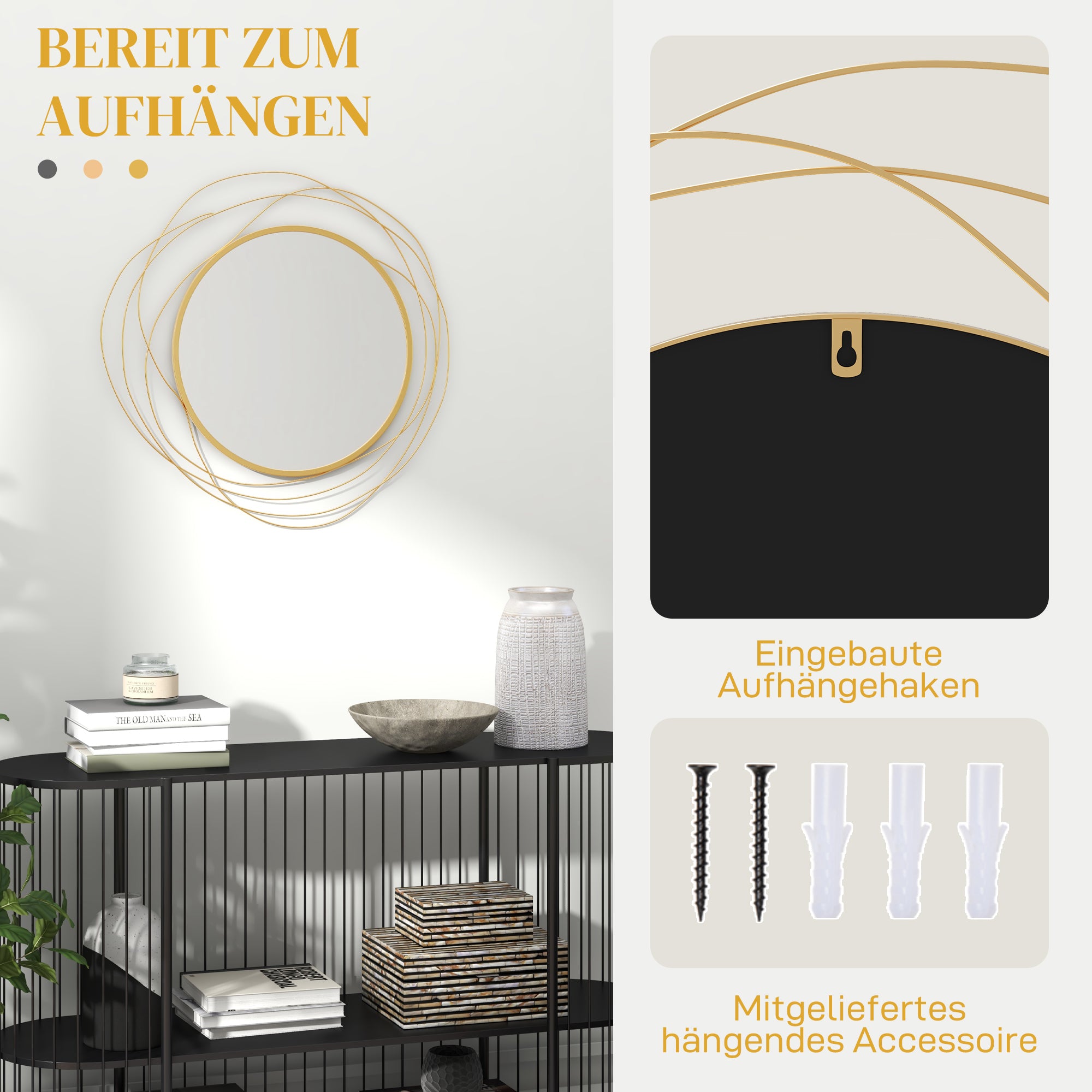 Wall Mirror, Ø65 cm Wall Decor with Mirror, Metal Frame, Hallway Mirror, Wall Artwork for Living Room, Bedroom, Gold