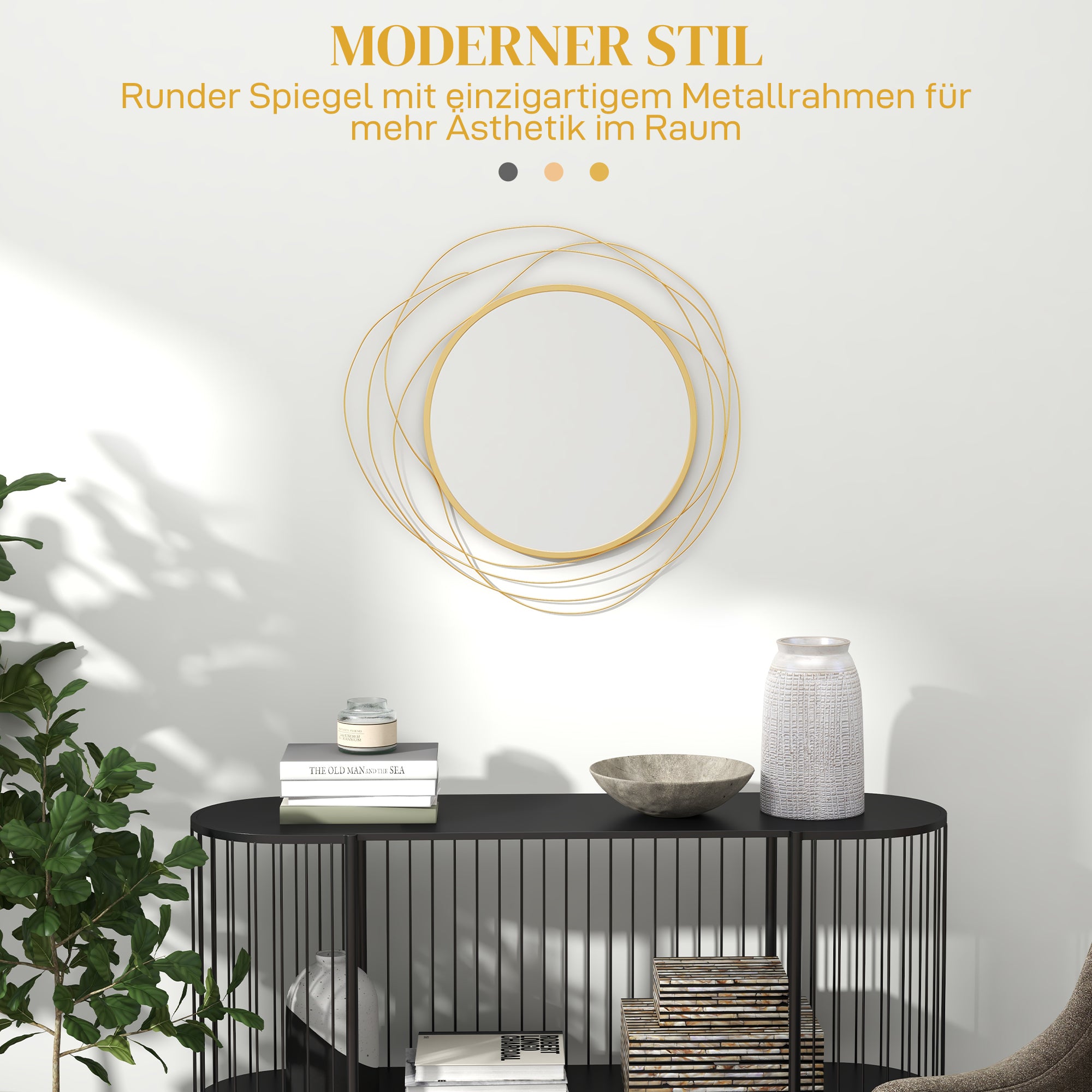 Wall Mirror, Ø65 cm Wall Decor with Mirror, Metal Frame, Hallway Mirror, Wall Artwork for Living Room, Bedroom, Gold