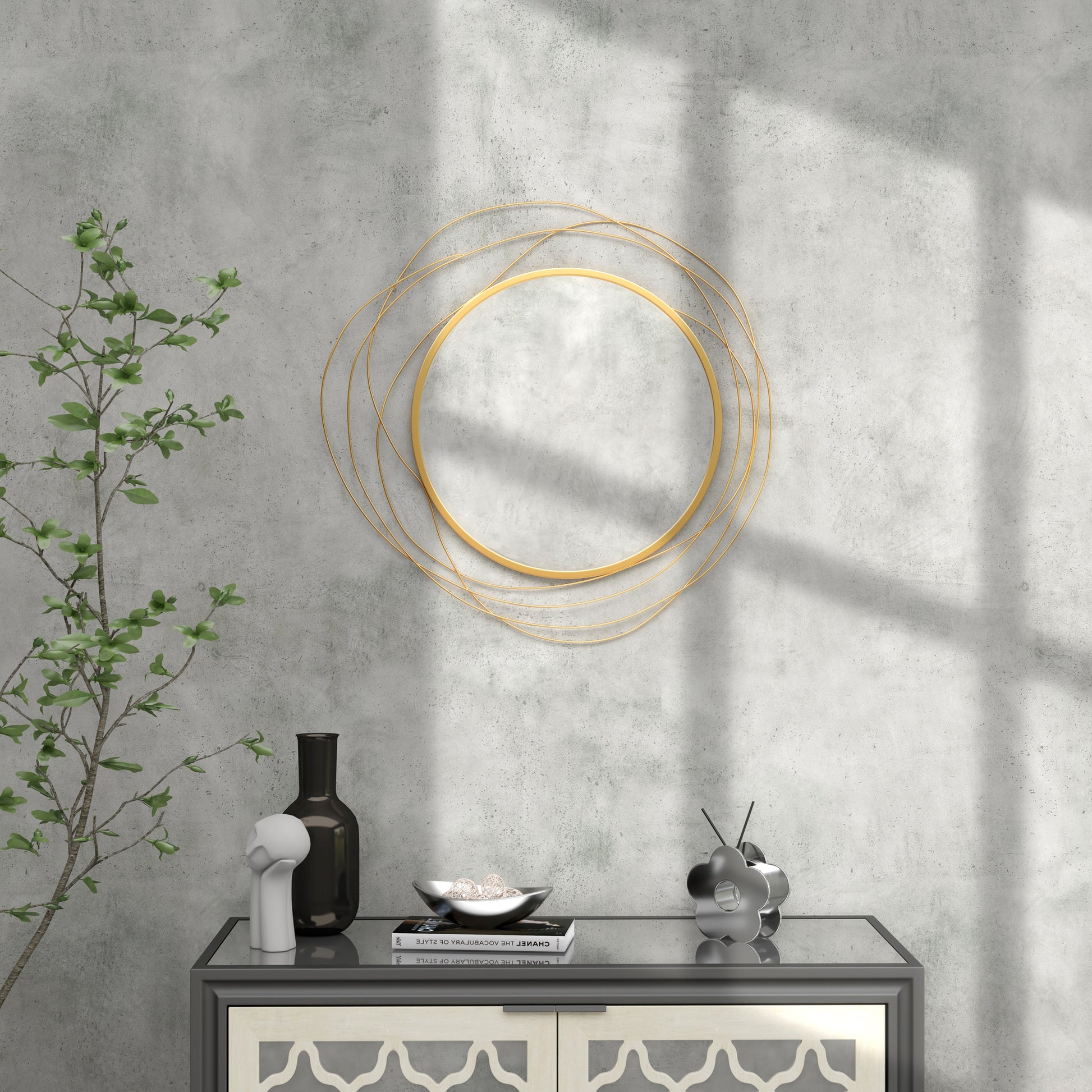 Wall Mirror, Ø65 cm Wall Decor with Mirror, Metal Frame, Hallway Mirror, Wall Artwork for Living Room, Bedroom, Gold