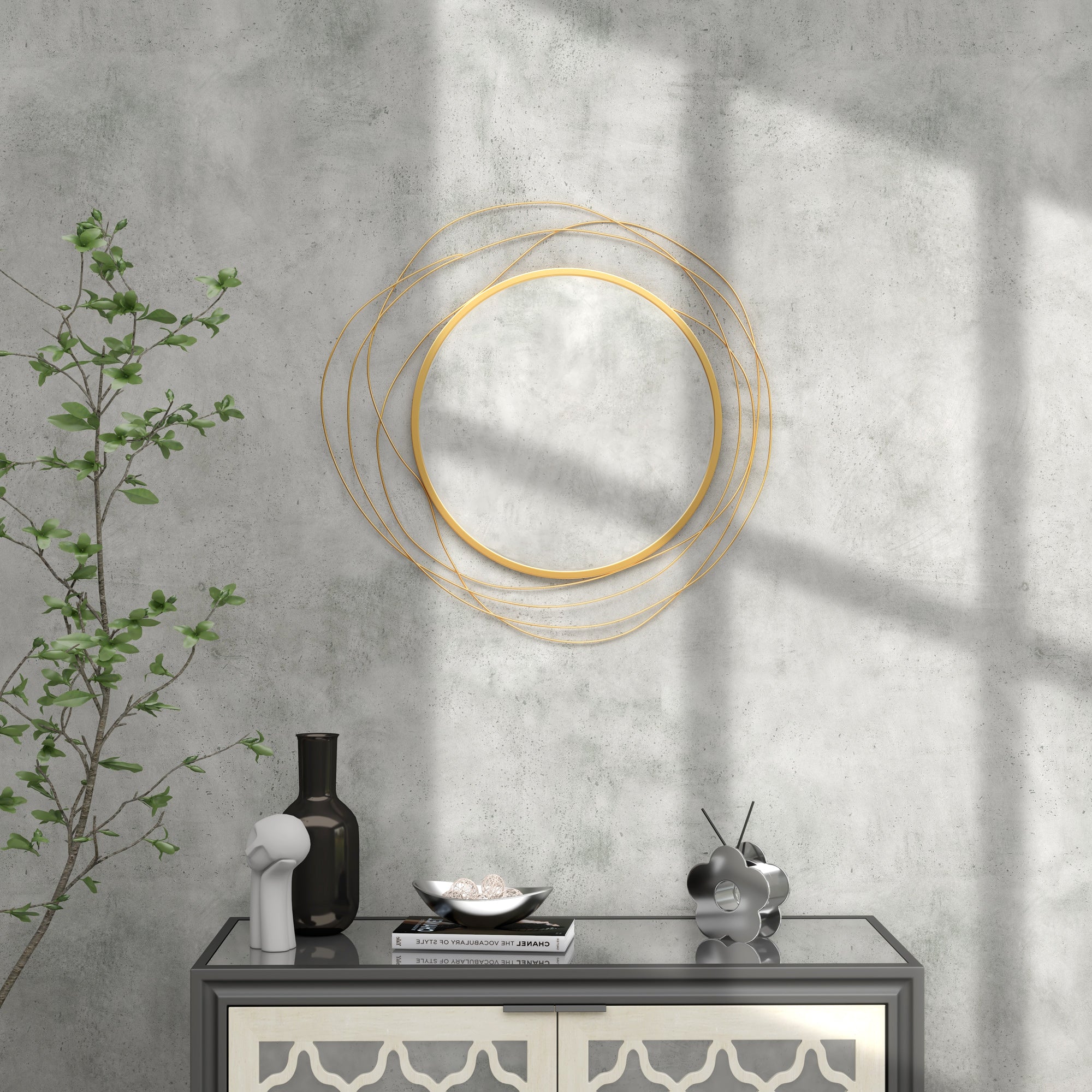 Wall Mirror, Ø65 cm Wall Decor with Mirror, Metal Frame, Hallway Mirror, Wall Artwork for Living Room, Bedroom, Gold
