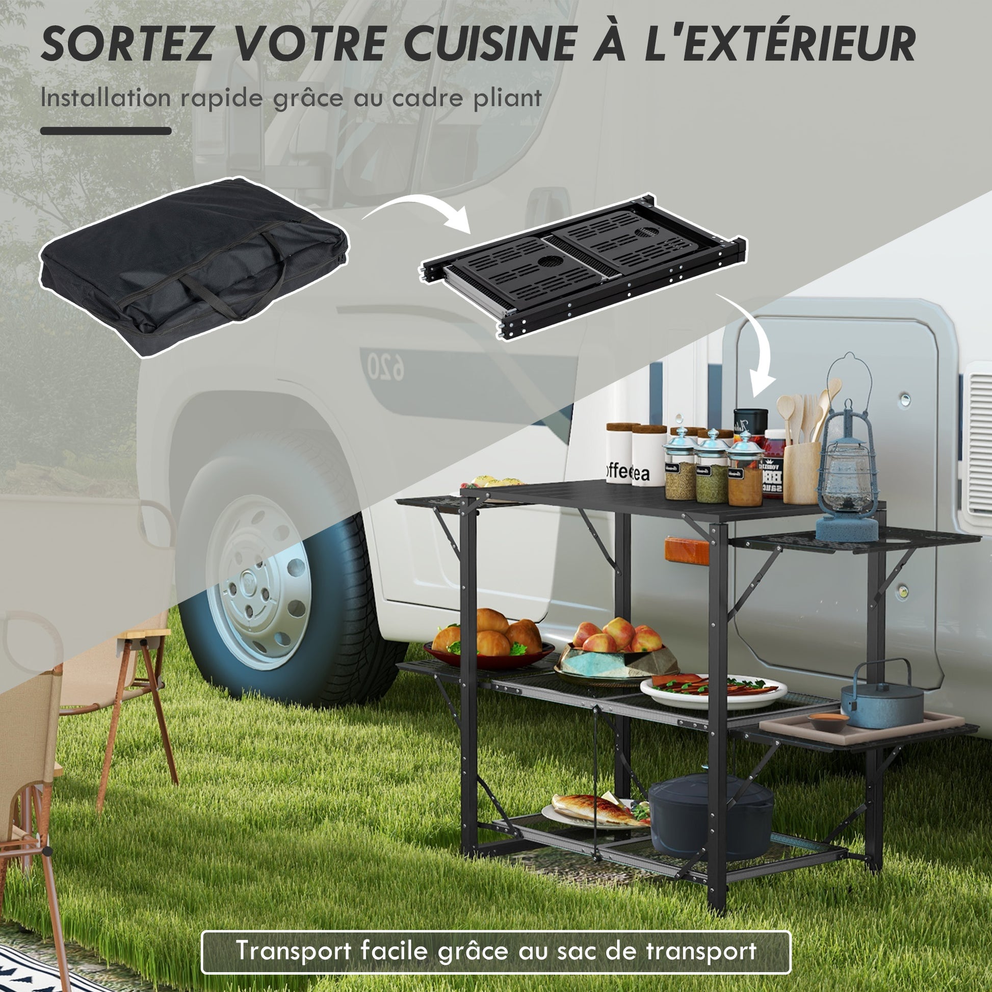 Camping Kitchen Folding Camping Table in Steel and Aluminum, with Carry Bag, 2 Foldable Shelves, 2 Shelves, and Cup Holders, dim. 126L x 46W x 81H cm