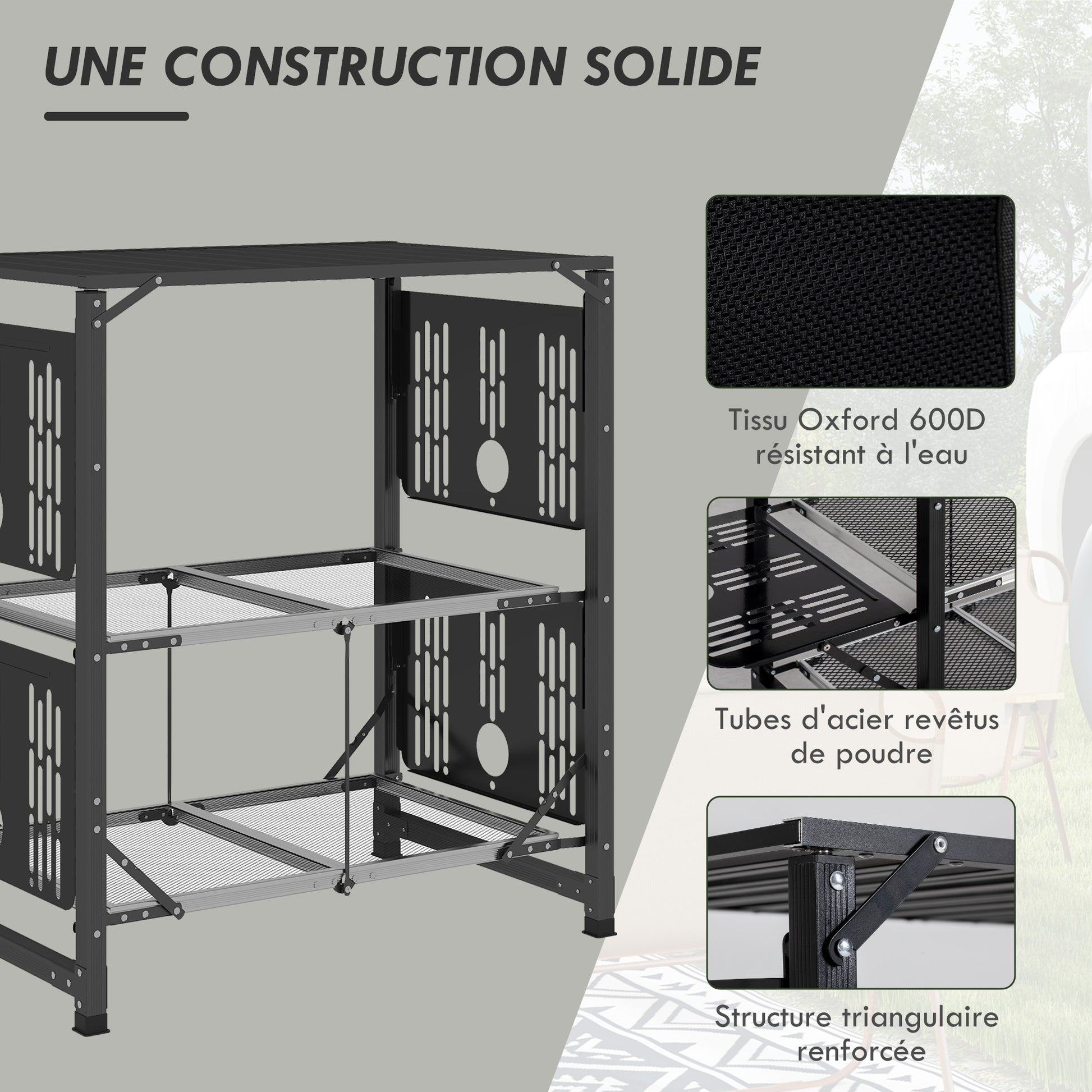 Camping Kitchen Folding Camping Table in Steel and Aluminum, with Carry Bag, 2 Foldable Shelves, 2 Shelves, and Cup Holders, dim. 126L x 46W x 81H cm