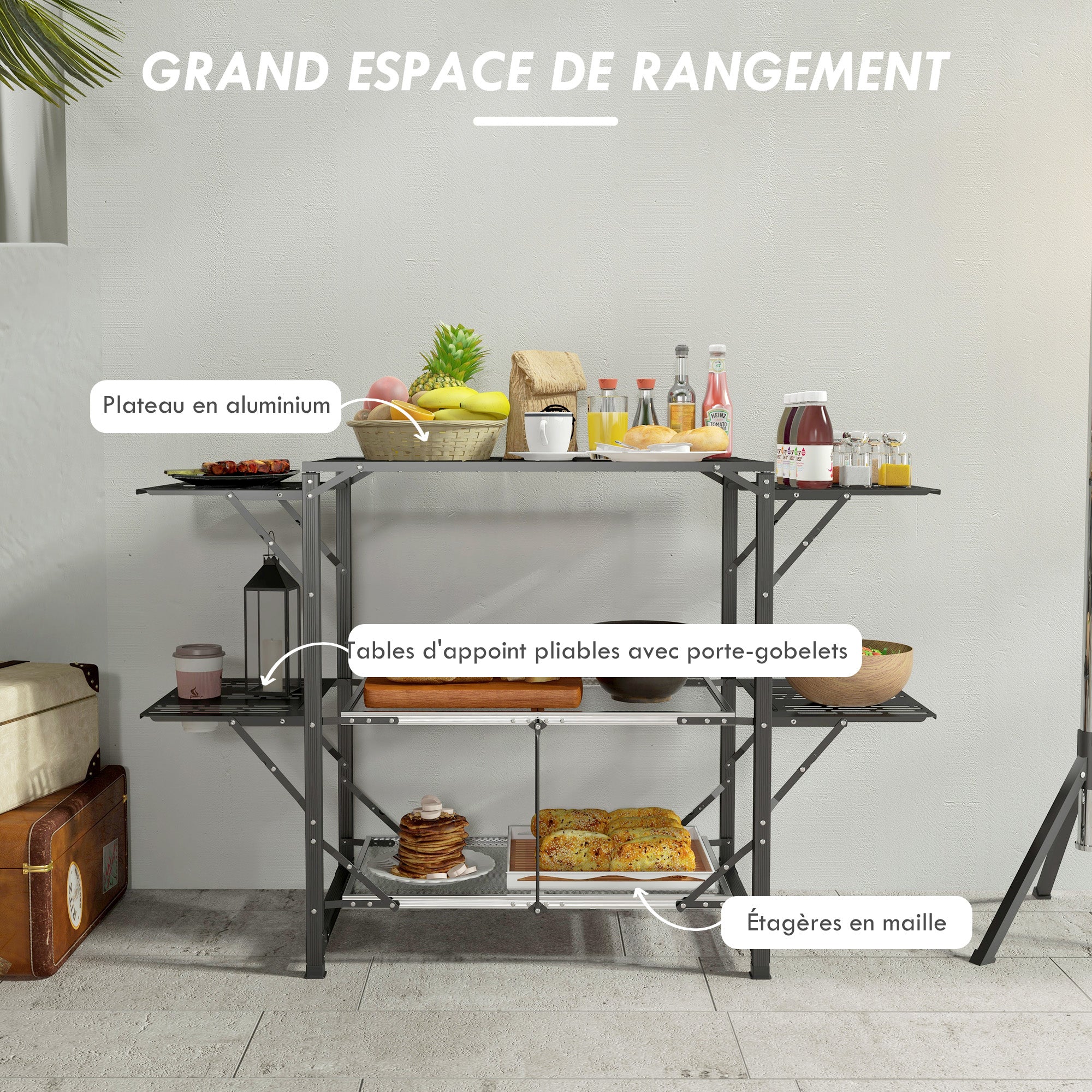 Camping Kitchen Folding Camping Table in Steel and Aluminum, with Carry Bag, 2 Foldable Shelves, 2 Shelves, and Cup Holders, dim. 126L x 46W x 81H cm