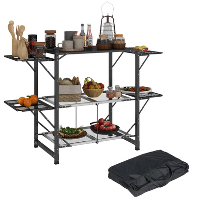 Camping Kitchen Folding Camping Table in Steel and Aluminum, with Carry Bag, 2 Foldable Shelves, 2 Shelves, and Cup Holders, dim. 126L x 46W x 81H cm