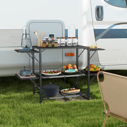 Camping Kitchen Folding Camping Table in Steel and Aluminum, with Carry Bag, 2 Foldable Shelves, 2 Shelves, and Cup Holders, dim. 126L x 46W x 81H cm