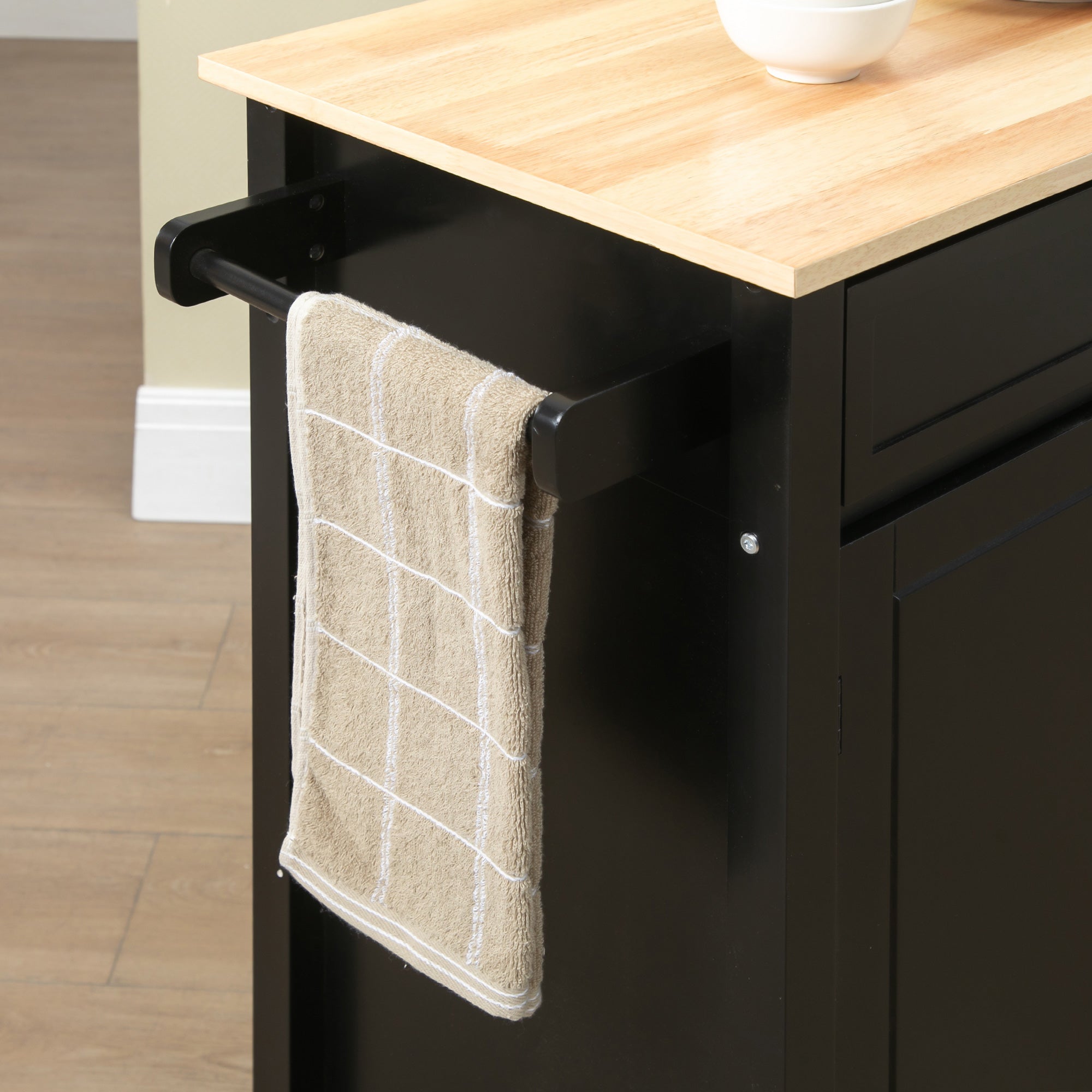 Kitchen Cart in Wood with Drawer, Cabinet, and Shelves, Serving Trolley with Wheels, 83x45x88cm, Black