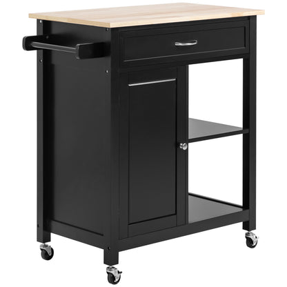 Kitchen Cart in Wood with Drawer, Cabinet, and Shelves, Serving Trolley with Wheels, 83x45x88cm, Black