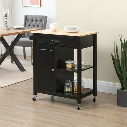 Kitchen Cart in Wood with Drawer, Cabinet, and Shelves, Serving Trolley with Wheels, 83x45x88cm, Black