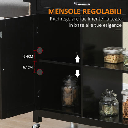 Kitchen Cart in Wood with Drawer, Cabinet, and Shelves, Serving Trolley with Wheels, 83x45x88cm, Black