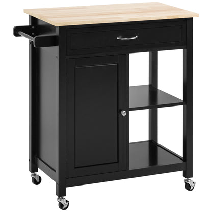 Kitchen Cart in Wood with Drawer, Cabinet, and Shelves, Serving Trolley with Wheels, 83x45x88cm, Black