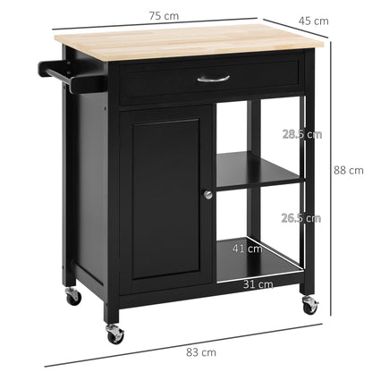 Kitchen Cart in Wood with Drawer, Cabinet, and Shelves, Serving Trolley with Wheels, 83x45x88cm, Black