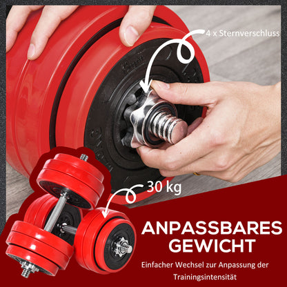 Dumbbell Set 30 KG 2-IN-1 Dumbbells & Barbells Adjustable Weightlifting for Home Fitness Muscle Red+Black 21.5 x 21.5 x 3.8 cm