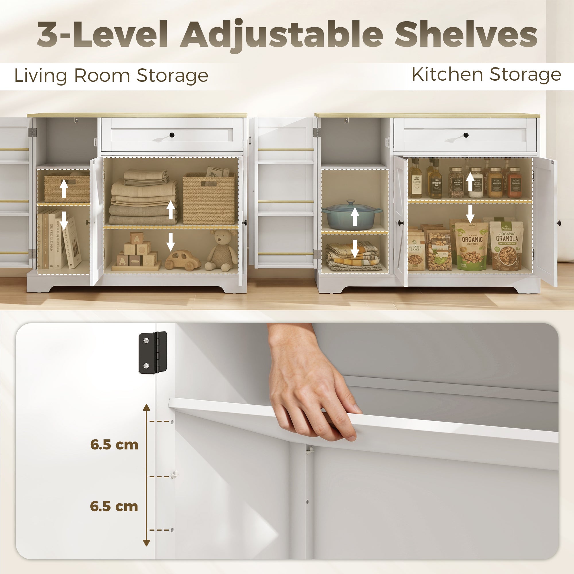 Sideboard Kitchen Cabinet with Drawer, 3 Doors & Adjustable Shelves, Farmhouse Style, 100 x 40 x 81 cm (39.4 x 15.7 x 31.9 in), White