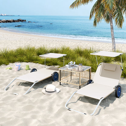 2 Piece Folding Sun Lounger Set Beach Loungers Beach Chair with Adjustable Backrest Pillow Canopy Wheels Lightweight Portable Beach Mat Sunbed Outdoor Sun Lounger Mat for Garden, Pool 148 x 62cm