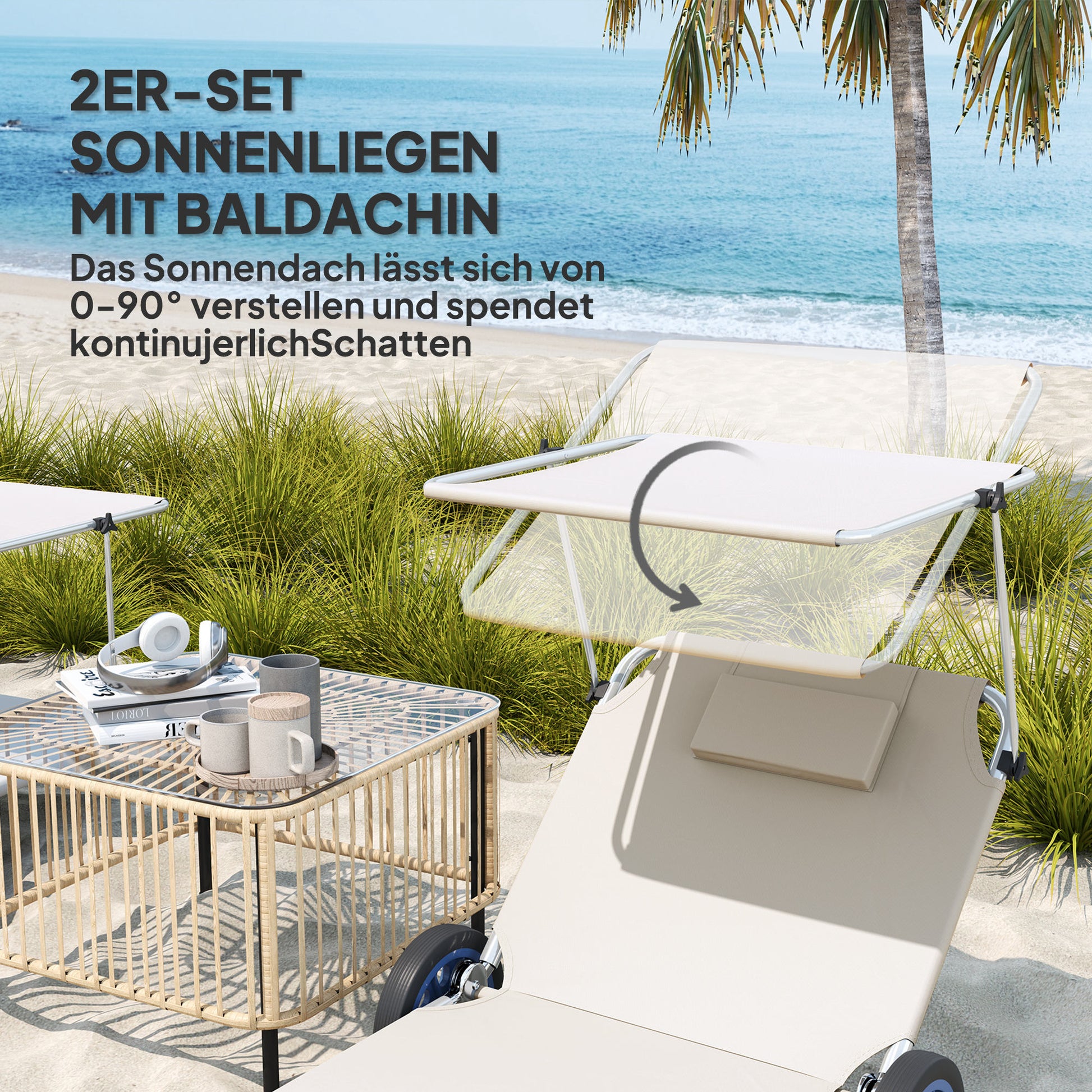 2 Piece Folding Sun Lounger Set Beach Loungers Beach Chair with Adjustable Backrest Pillow Canopy Wheels Lightweight Portable Beach Mat Sunbed Outdoor Sun Lounger Mat for Garden, Pool 148 x 62cm