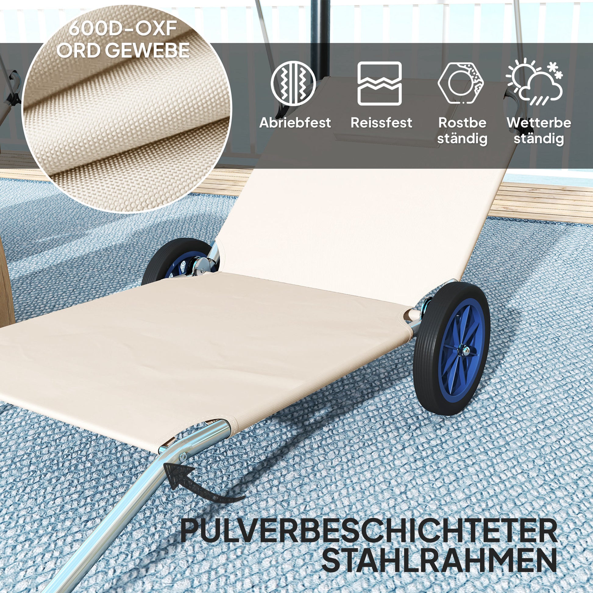 2 Piece Folding Sun Lounger Set Beach Loungers Beach Chair with Adjustable Backrest Pillow Canopy Wheels Lightweight Portable Beach Mat Sunbed Outdoor Sun Lounger Mat for Garden, Pool 148 x 62cm
