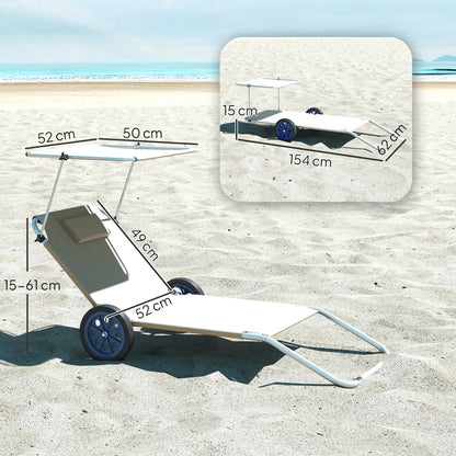 2 Piece Folding Sun Lounger Set Beach Loungers Beach Chair with Adjustable Backrest Pillow Canopy Wheels Lightweight Portable Beach Mat Sunbed Outdoor Sun Lounger Mat for Garden, Pool 148 x 62cm