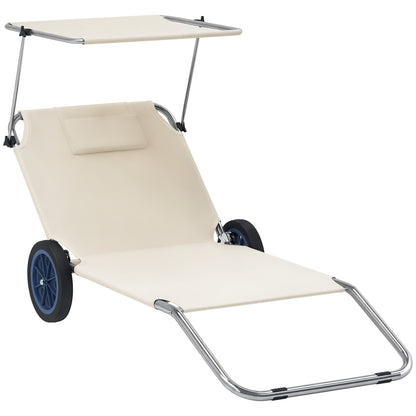 2 Piece Folding Sun Lounger Set Beach Loungers Beach Chair with Adjustable Backrest Pillow Canopy Wheels Lightweight Portable Beach Mat Sunbed Outdoor Sun Lounger Mat for Garden, Pool 148 x 62cm