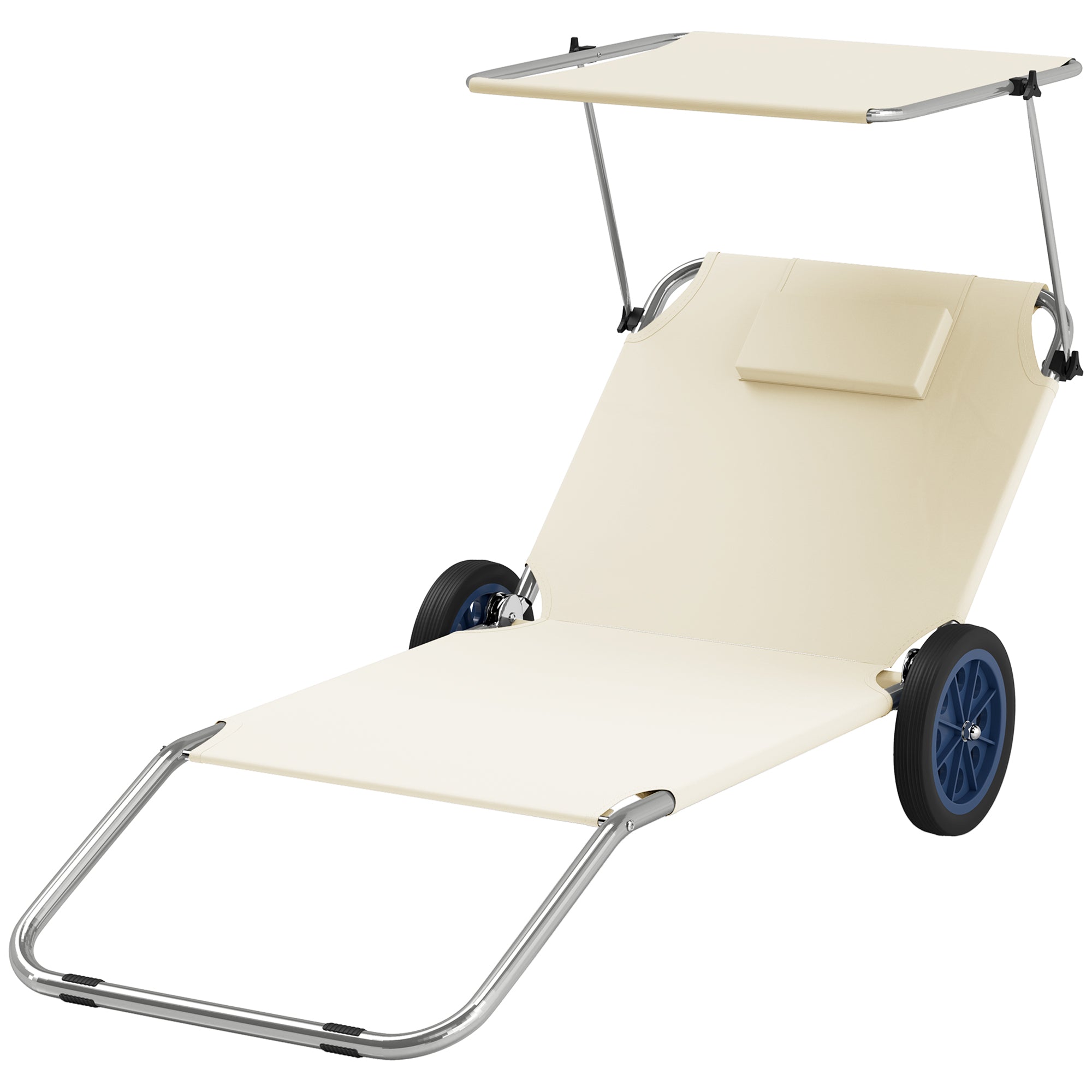 2 Piece Folding Sun Lounger Set Beach Loungers Beach Chair with Adjustable Backrest Pillow Canopy Wheels Lightweight Portable Beach Mat Sunbed Outdoor Sun Lounger Mat for Garden, Pool 148 x 62cm