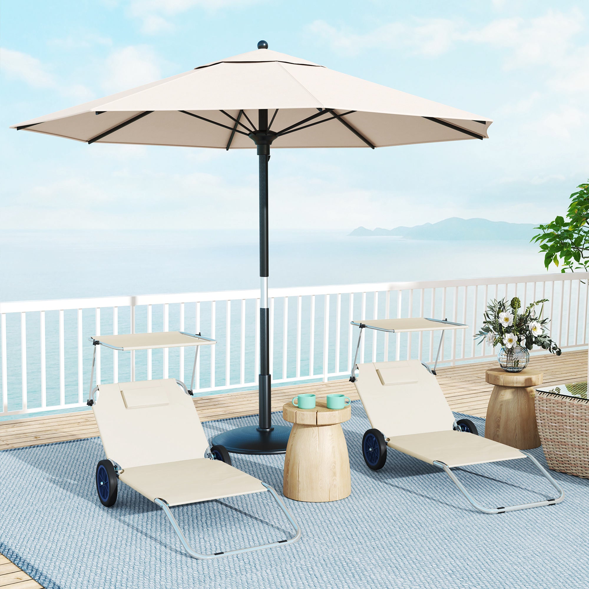2 Piece Folding Sun Lounger Set Beach Loungers Beach Chair with Adjustable Backrest Pillow Canopy Wheels Lightweight Portable Beach Mat Sunbed Outdoor Sun Lounger Mat for Garden, Pool 148 x 62cm