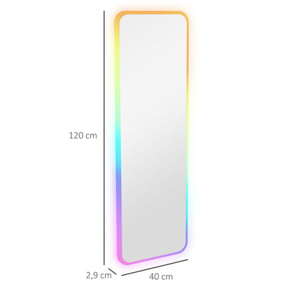 Full-Length Mirror with LED Lights 120x40 cm Rectangular Wall Mirror Adjustable with 7 Colors RGB Lighting and Memory Function for Bedroom Dressing Room