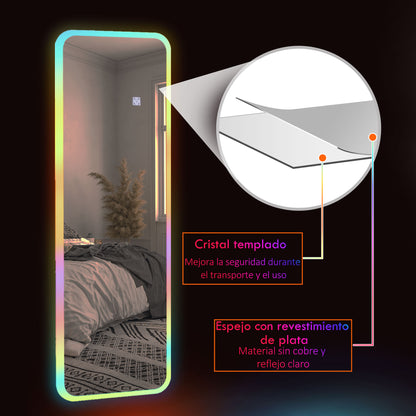 Full-Length Mirror with LED Lights 120x40 cm Rectangular Wall Mirror Adjustable with 7 Colors RGB Lighting and Memory Function for Bedroom Dressing Room
