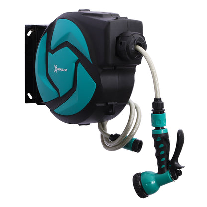 Retractable Hose Reel 10m with 7 Watering Modes Automatic Rewind System with Locking Connector for Garden Lawn 28x14x34 cm Black and Green