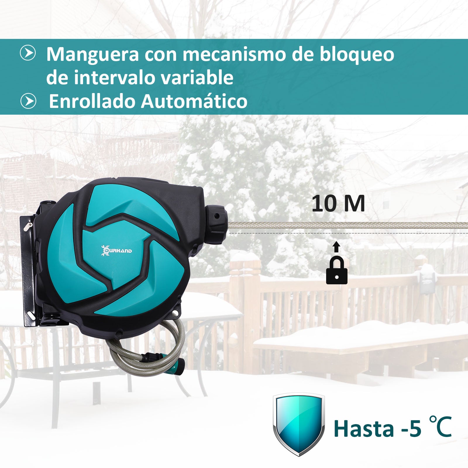 Retractable Hose Reel 10m with 7 Watering Modes Automatic Rewind System with Locking Connector for Garden Lawn 28x14x34 cm Black and Green