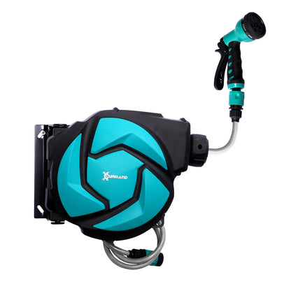 Retractable Hose Reel 10m with 7 Watering Modes Automatic Rewind System with Locking Connector for Garden Lawn 28x14x34 cm Black and Green