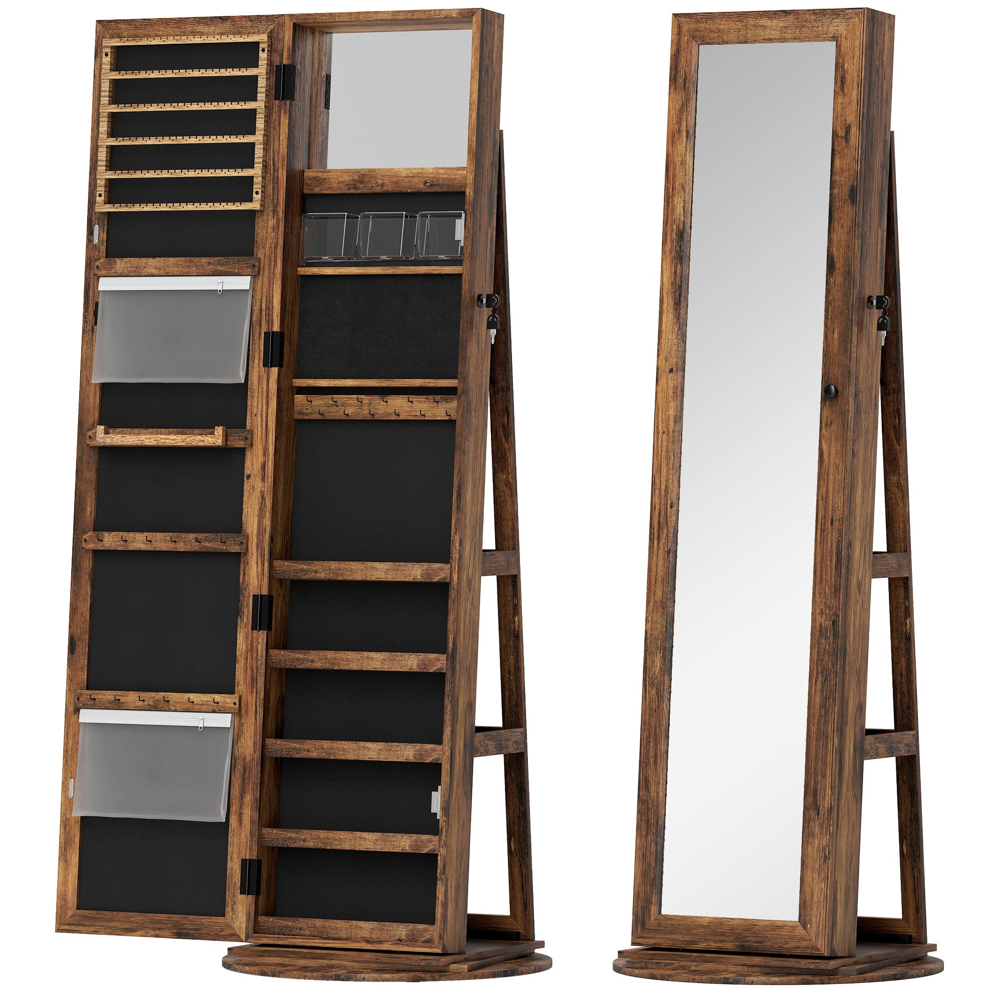360° Rotating Jewelry Cabinet, Jewelry Armoire with Key Lock, Full-Length Mirror with 3 Back Shelves for Bedroom and Living Room, 55x55x161 cm, Rustic Brown