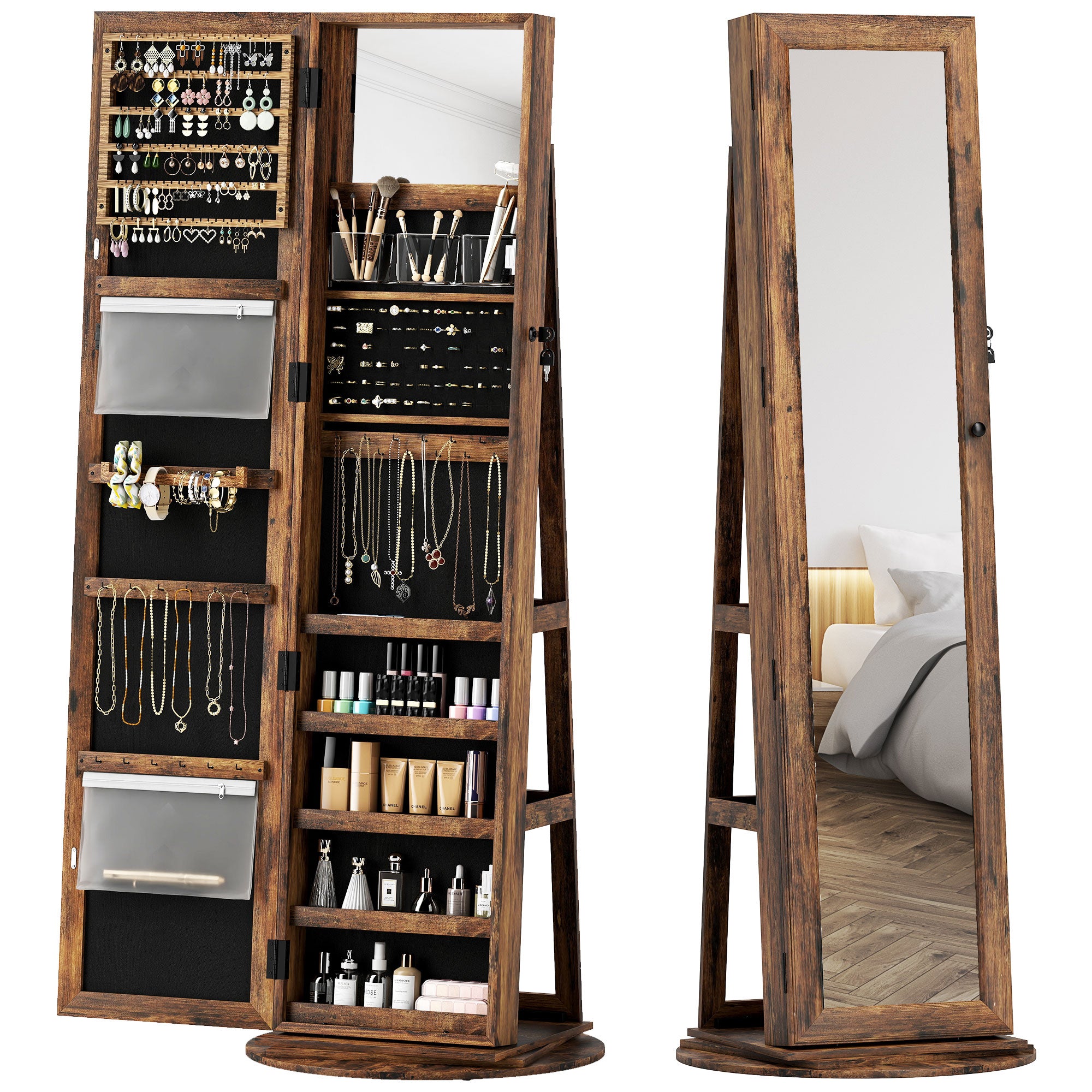 360° Rotating Jewelry Cabinet, Jewelry Armoire with Key Lock, Full-Length Mirror with 3 Back Shelves for Bedroom and Living Room, 55x55x161 cm, Rustic Brown