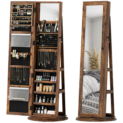 360° Rotating Jewelry Cabinet, Jewelry Armoire with Key Lock, Full-Length Mirror with 3 Back Shelves for Bedroom and Living Room, 55x55x161 cm, Rustic Brown