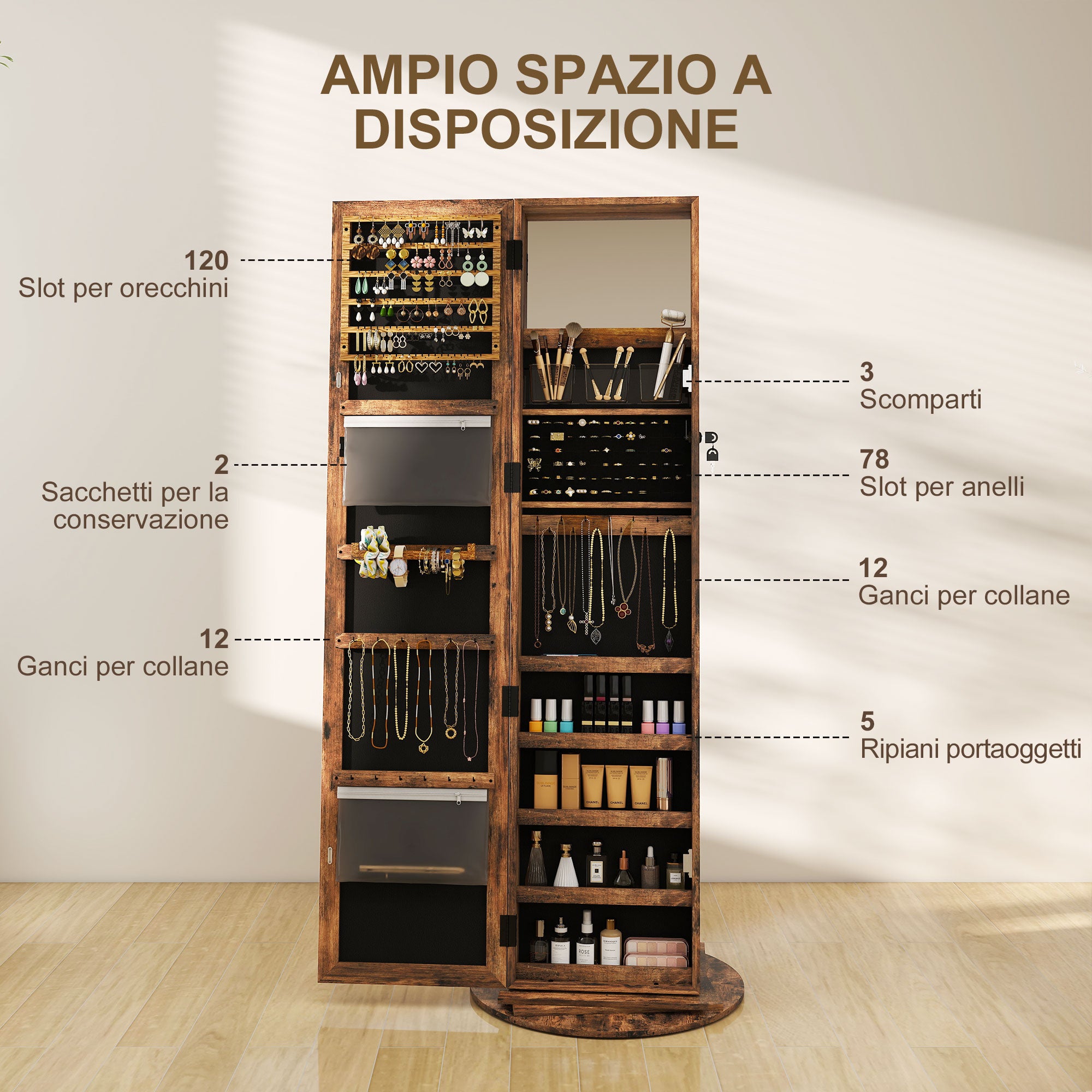 360° Rotating Jewelry Cabinet, Jewelry Armoire with Key Lock, Full-Length Mirror with 3 Back Shelves for Bedroom and Living Room, 55x55x161 cm, Rustic Brown