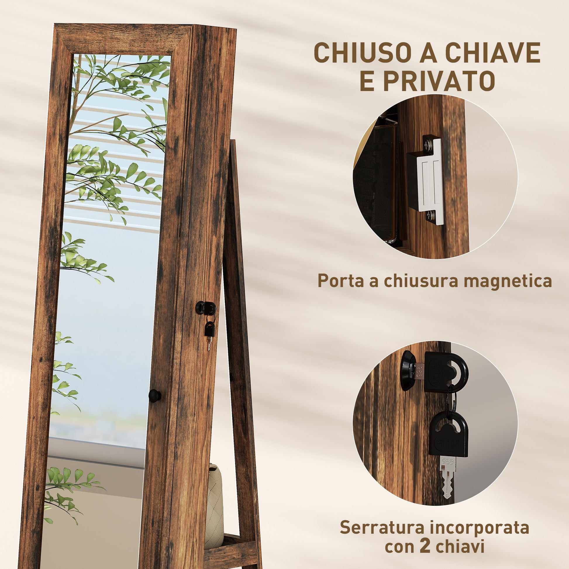 360° Rotating Jewelry Cabinet, Jewelry Armoire with Key Lock, Full-Length Mirror with 3 Back Shelves for Bedroom and Living Room, 55x55x161 cm, Rustic Brown