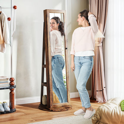 360° Rotating Jewelry Cabinet, Jewelry Armoire with Key Lock, Full-Length Mirror with 3 Back Shelves for Bedroom and Living Room, 55x55x161 cm, Rustic Brown