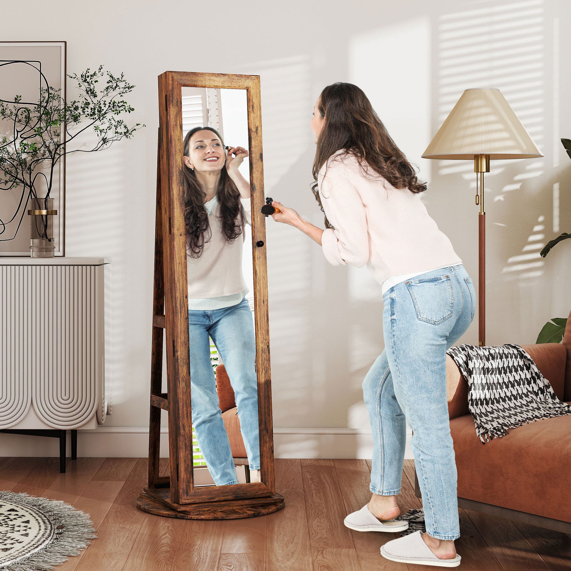 360° Rotating Jewelry Cabinet, Jewelry Armoire with Key Lock, Full-Length Mirror with 3 Back Shelves for Bedroom and Living Room, 55x55x161 cm, Rustic Brown